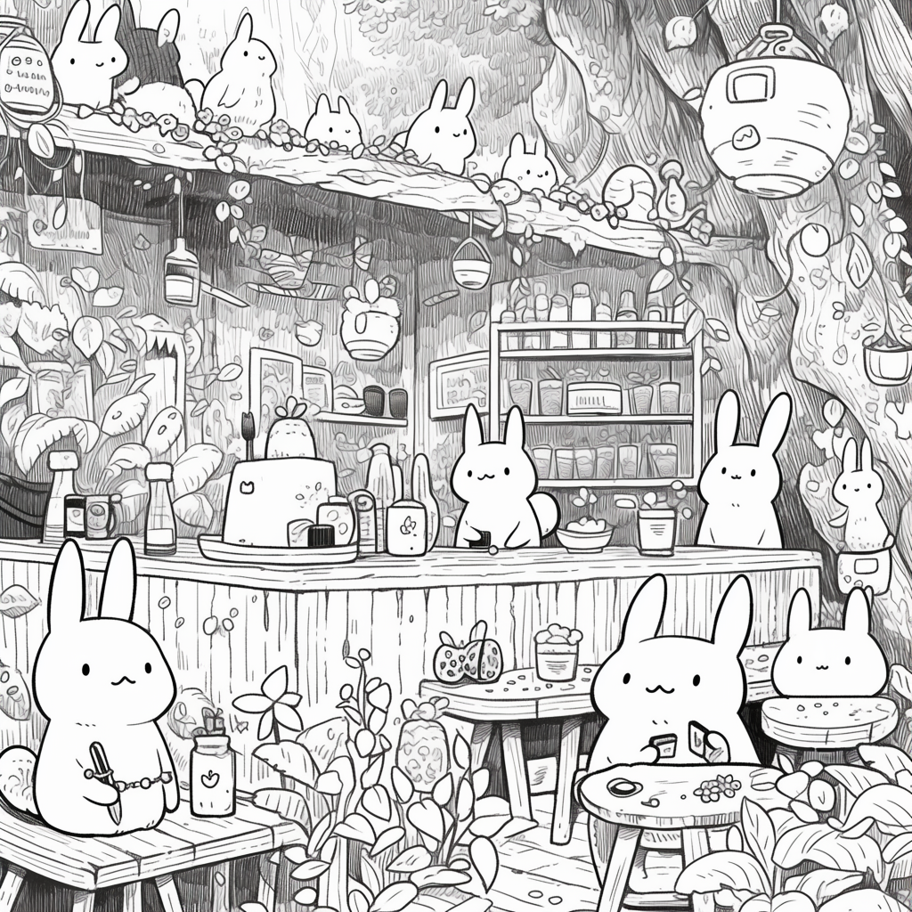 Whimsical bunnies work in detailed magic cafe setting.