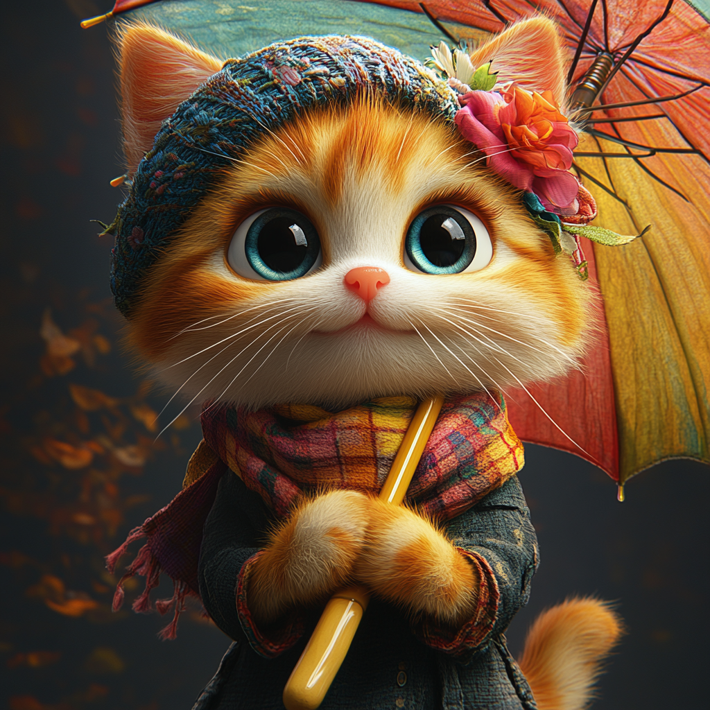 Whimsical calico cat with rainbow umbrella in 3D cartoon style