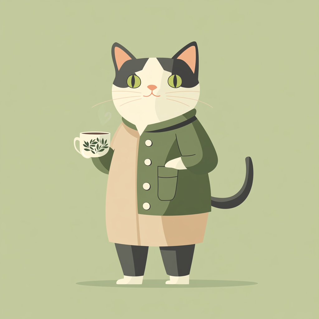 Whimsical cat barista with tea leaves face design