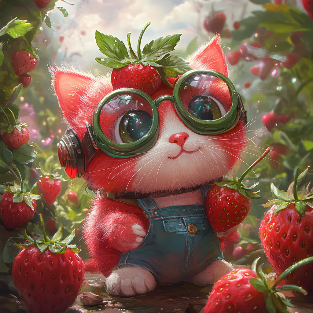 Whimsical cat blending with strawberry in magical garden.