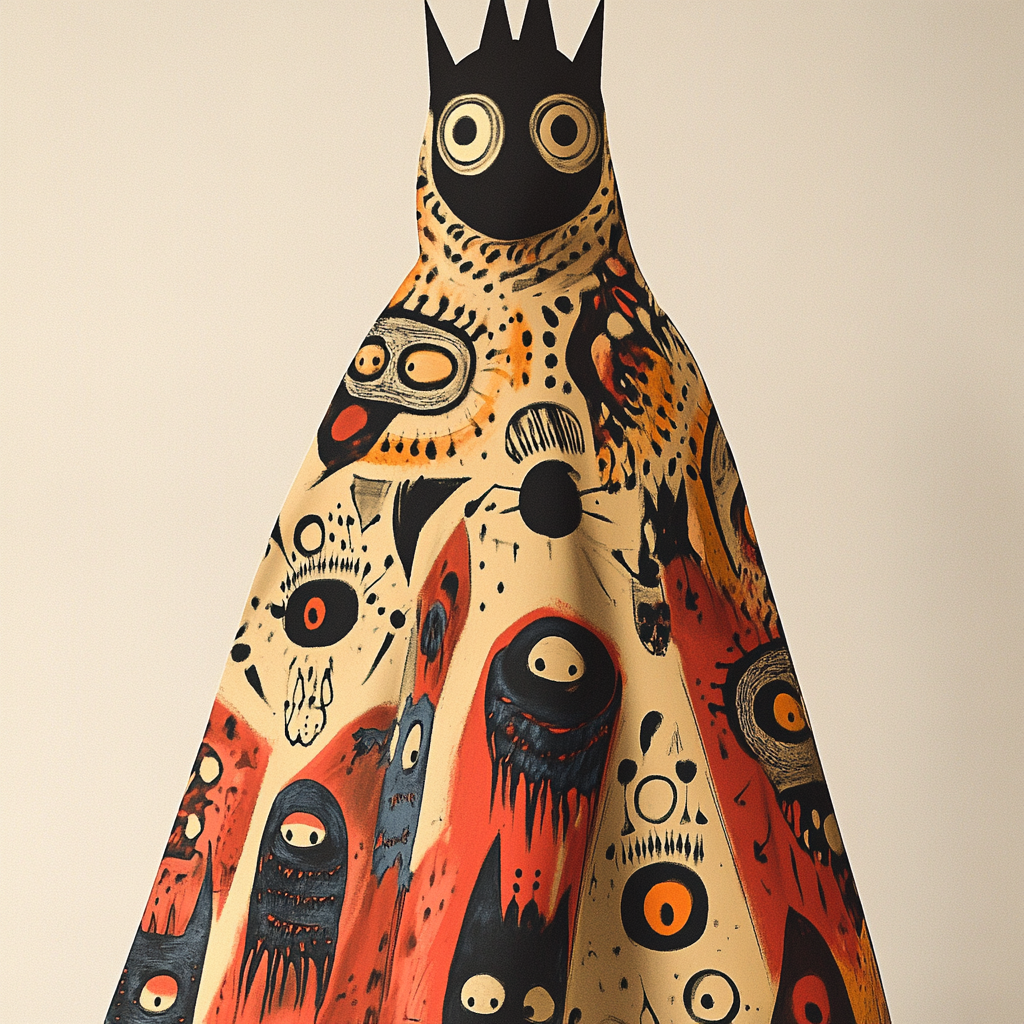 Whimsical character in eerie, patterned garment with surrealism.