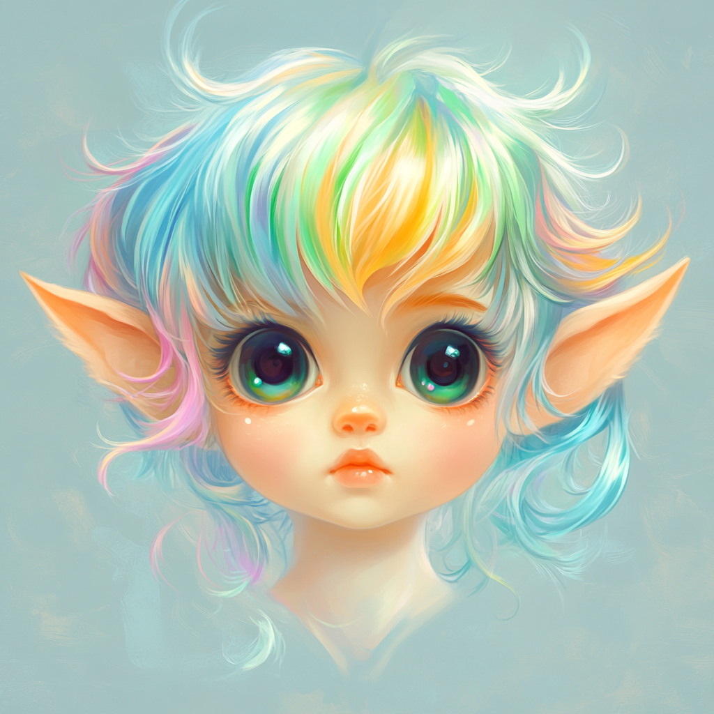 Whimsical character with oversized doll-like head and rainbow hair.