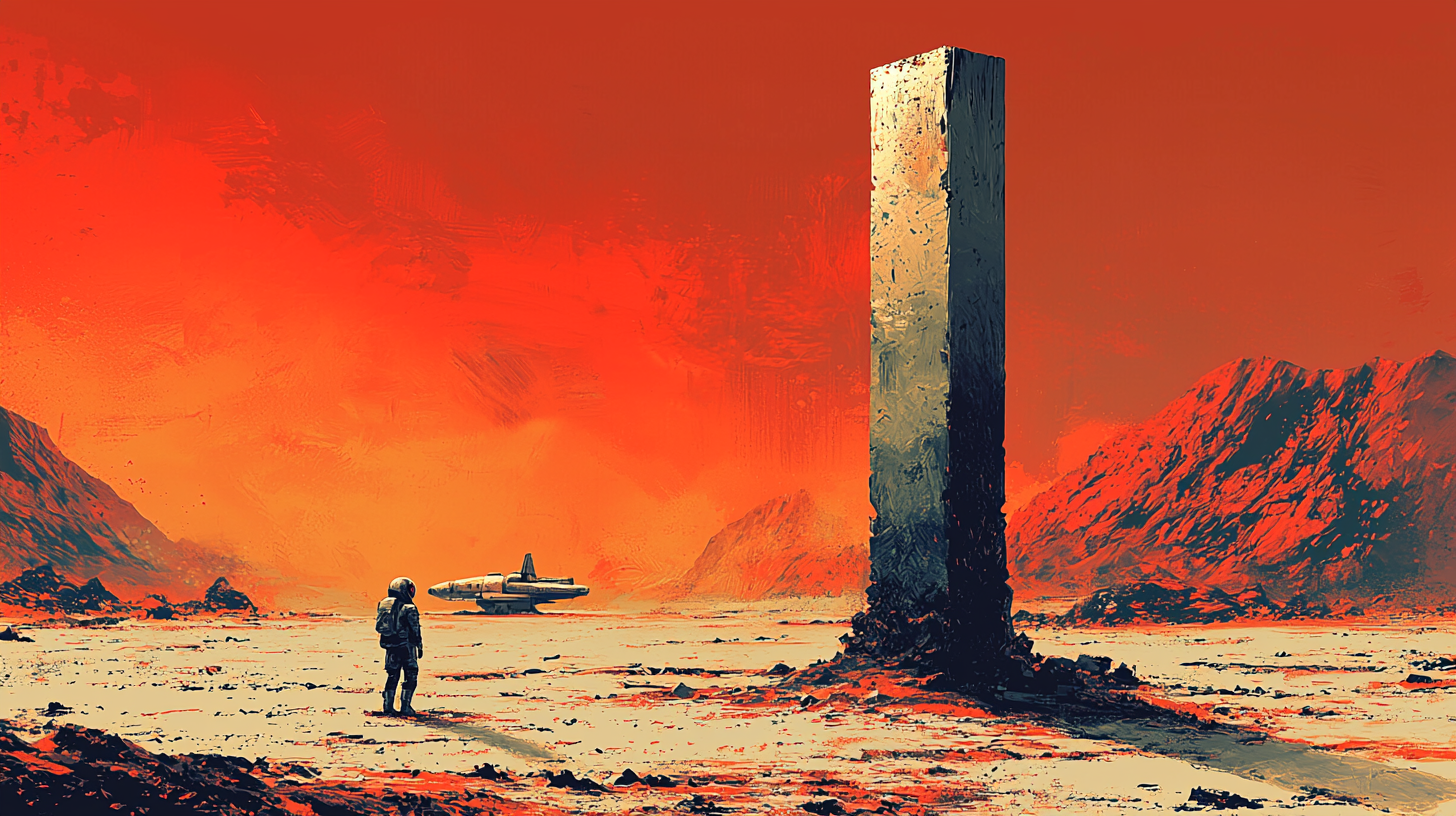 Whimsical cosmonaut explores ancient Martian pillar in solitude.