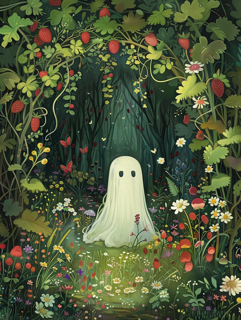 Whimsical cute ghost in strawberry field with enchanted forest