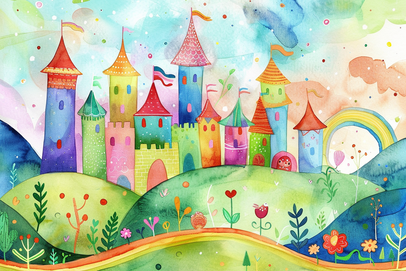 Whimsical fairytale castle in vibrant watercolor illustration