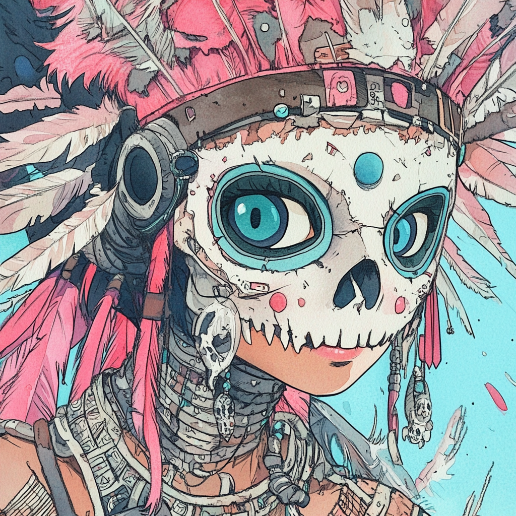 Whimsical female shaman in skull mask