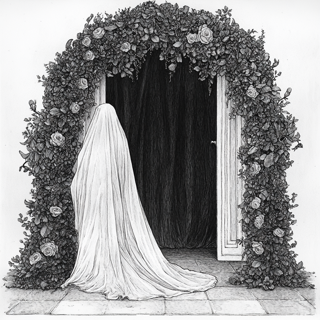 Whimsical figure in white gown under floral arch