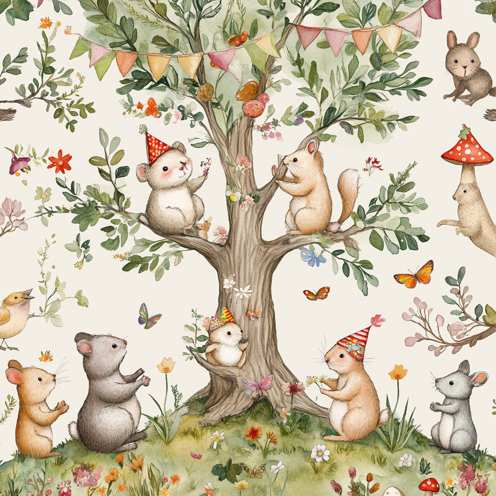 Whimsical forest scene with cute animals in party hats.