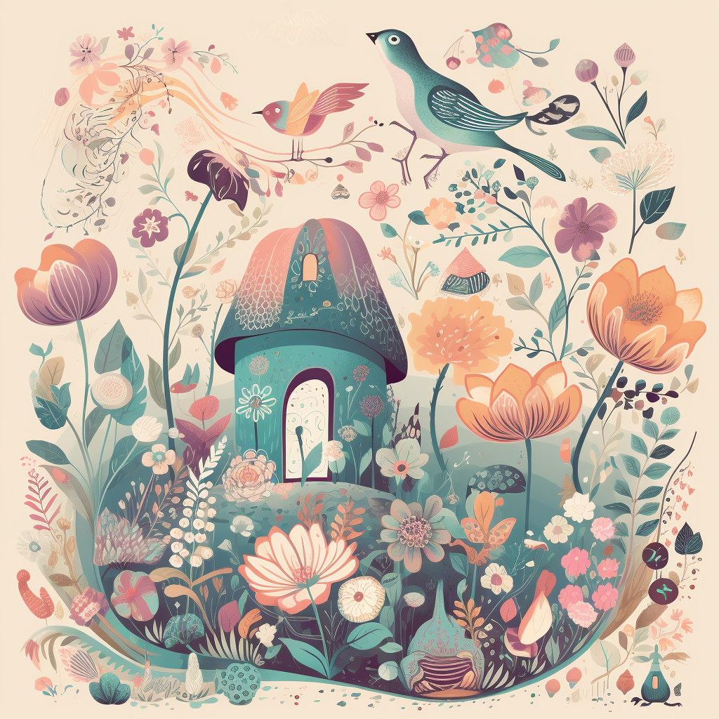 Whimsical garden with oversized flowers and fantastical creatures.