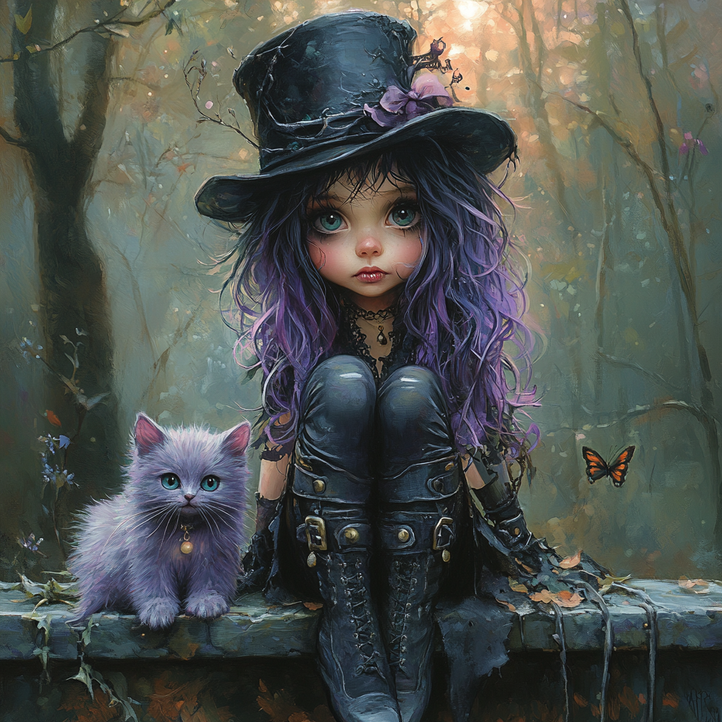 Whimsical girl with cat in gothic-style enchanted forest.