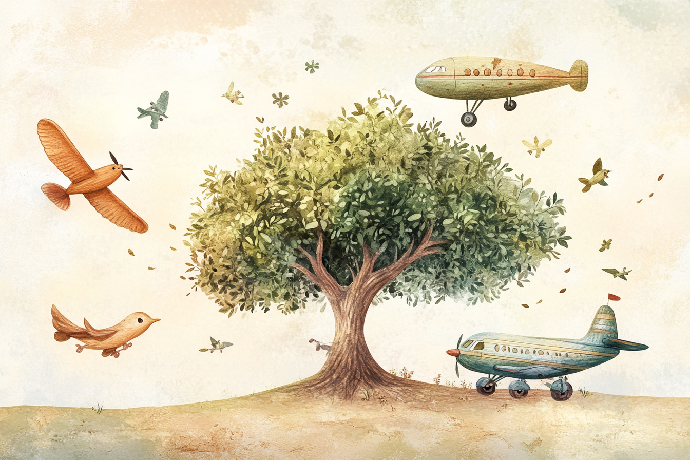 Whimsical illustration of olive tree with unique air vehicles.