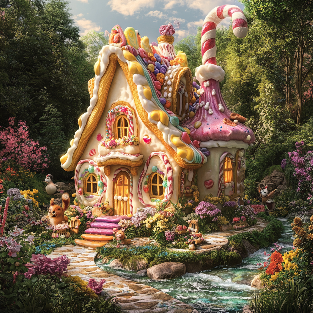 Whimsical pastry house in lush natural setting, magical atmosphere.