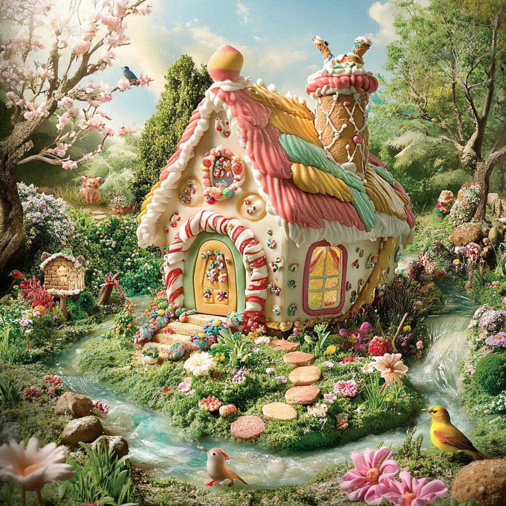 Whimsical pastry house in natural setting, looks like cake.