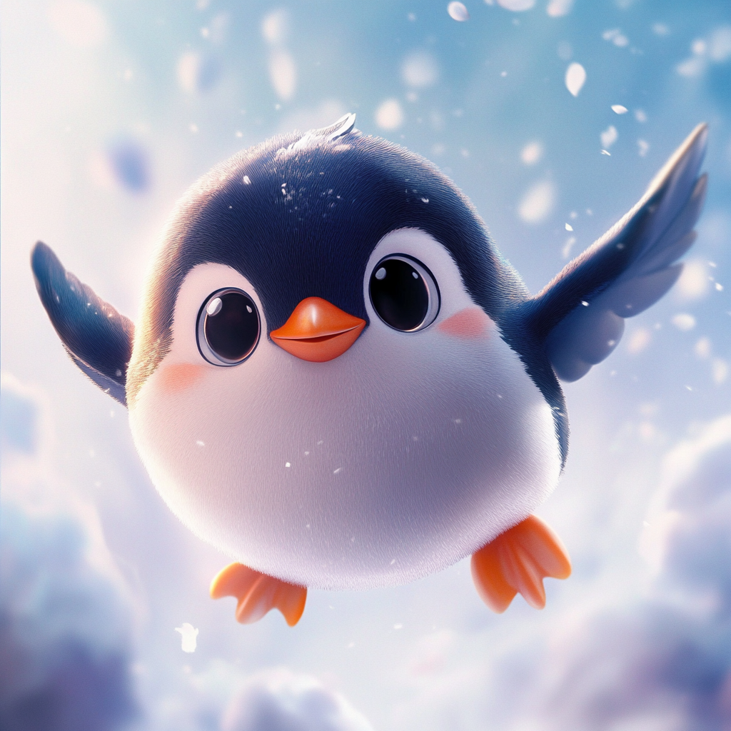 Whimsical penguin dances under fluffy, pastel skies