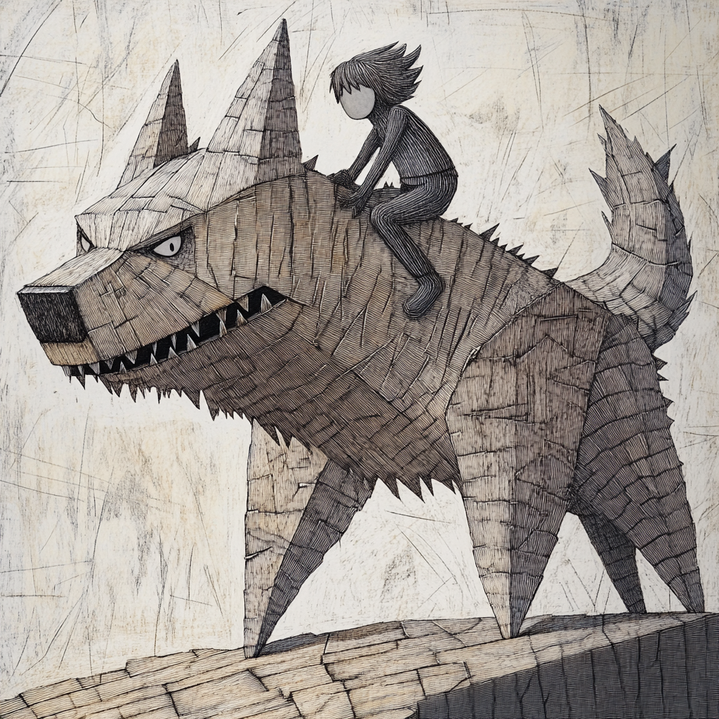 Whimsical person rides wooden wolf in surreal setting.