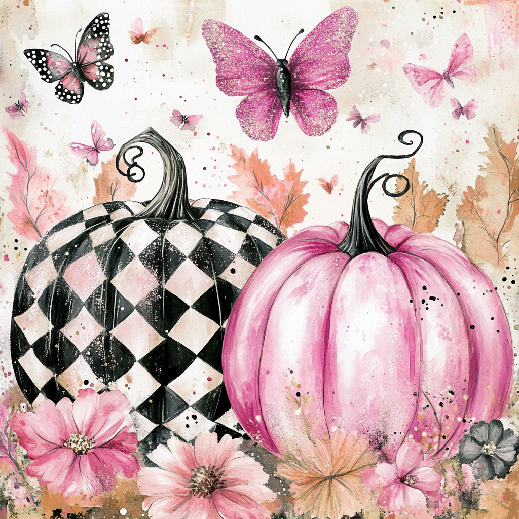 Whimsical pink fall watercolor of sparkly Paris pumpkins.