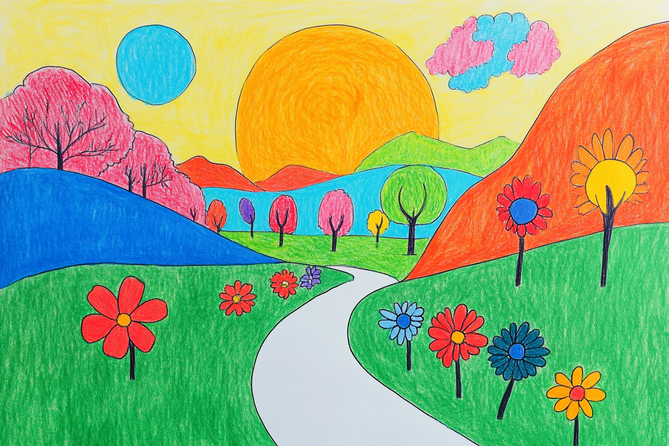 Whimsical psychedelic landscape with colorful flowers and simple lines