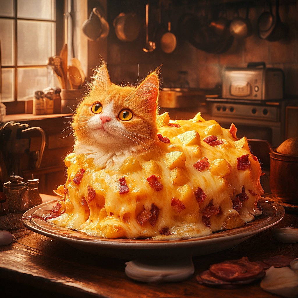 Whimsical scene with cat resembling tartiflette ingredients.