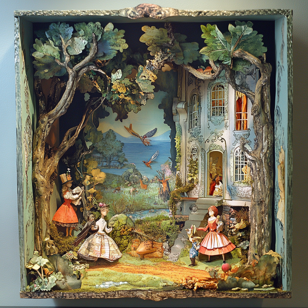 Whimsical shadow box diorama with cut-out illustrations