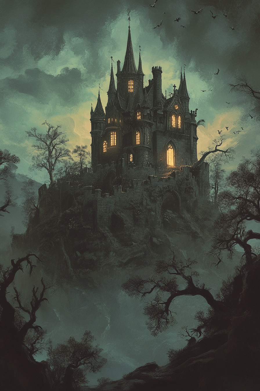 Whimsical spooky castle on hill in dark forest.