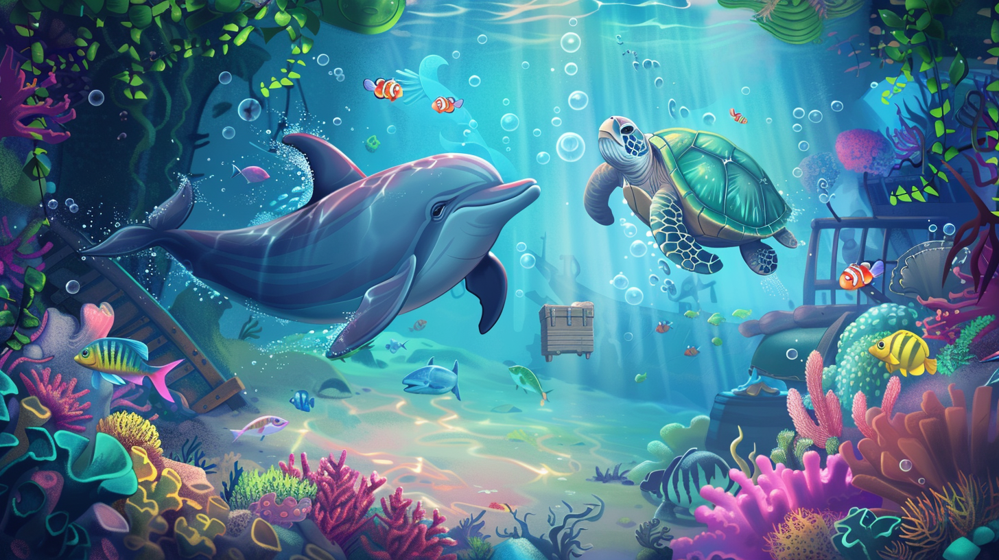 Whimsical underwater scene with dolphin, turtle and fish.