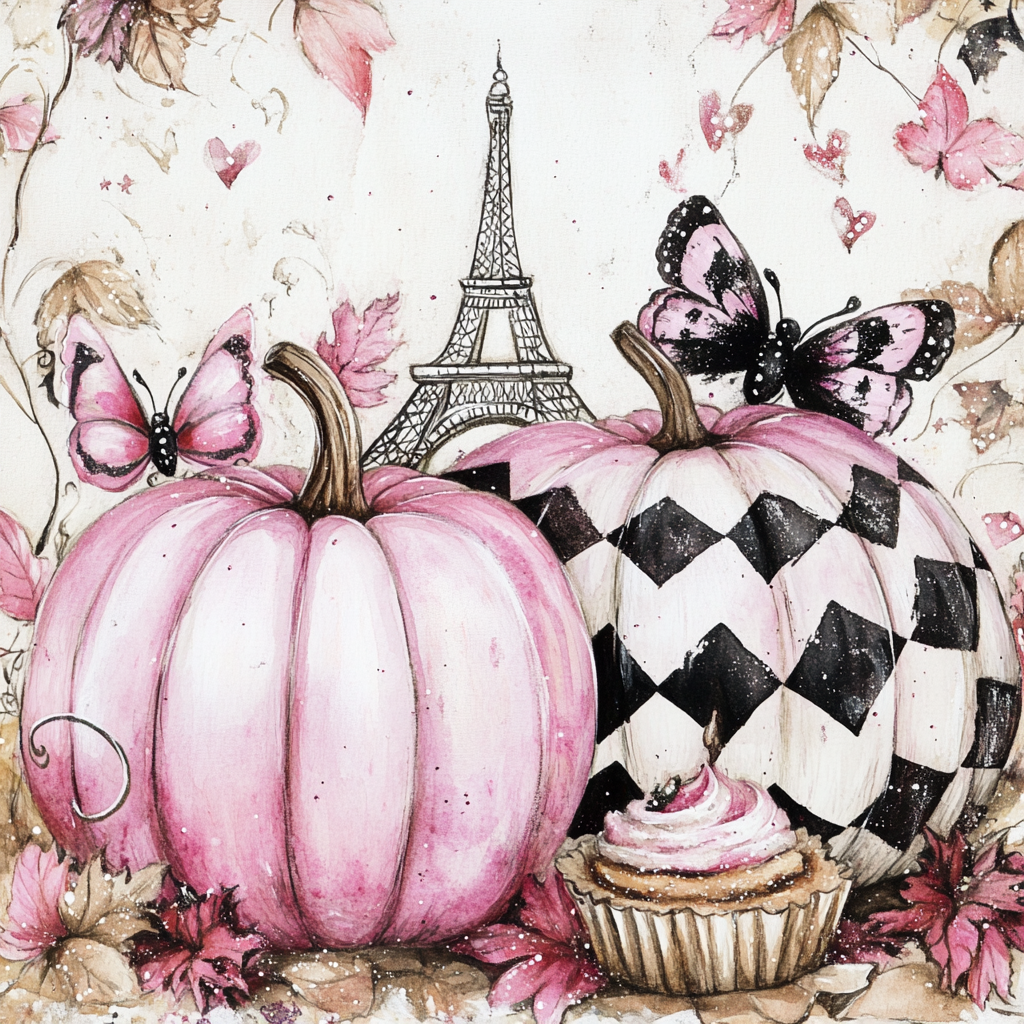 Whimsical watercolor illustration of pink fall harvest baskets.