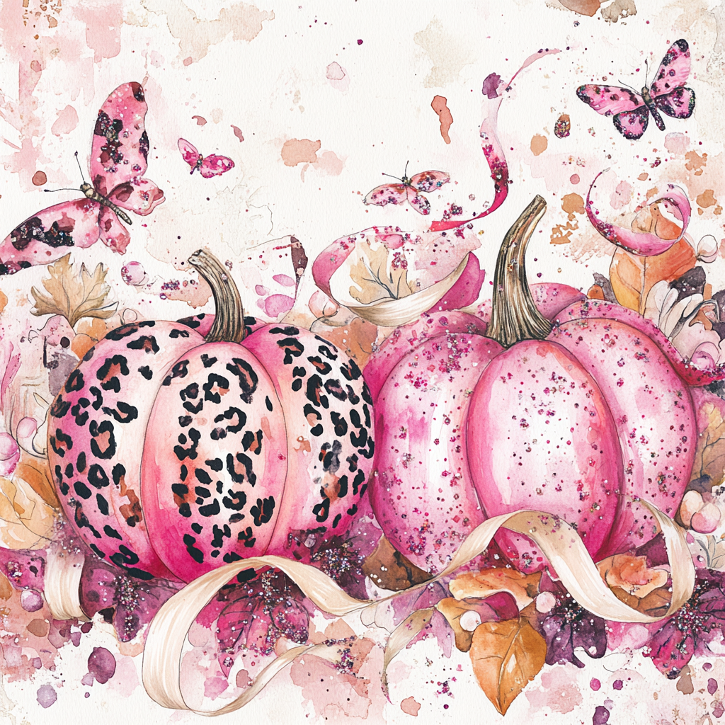 Whimsical watercolor of pink fall with sparkly pumpkins.