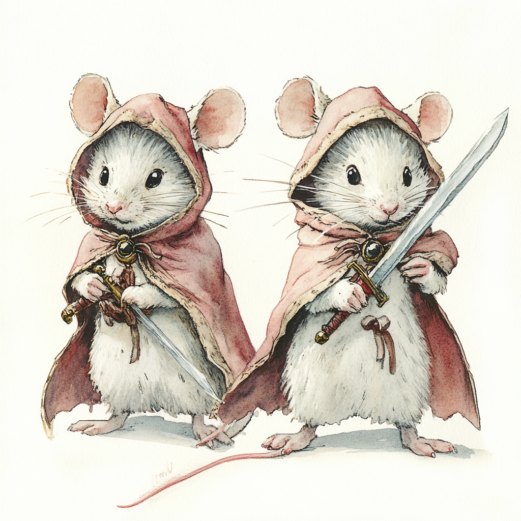 Whimsical white mice in capes with swords, fur details.