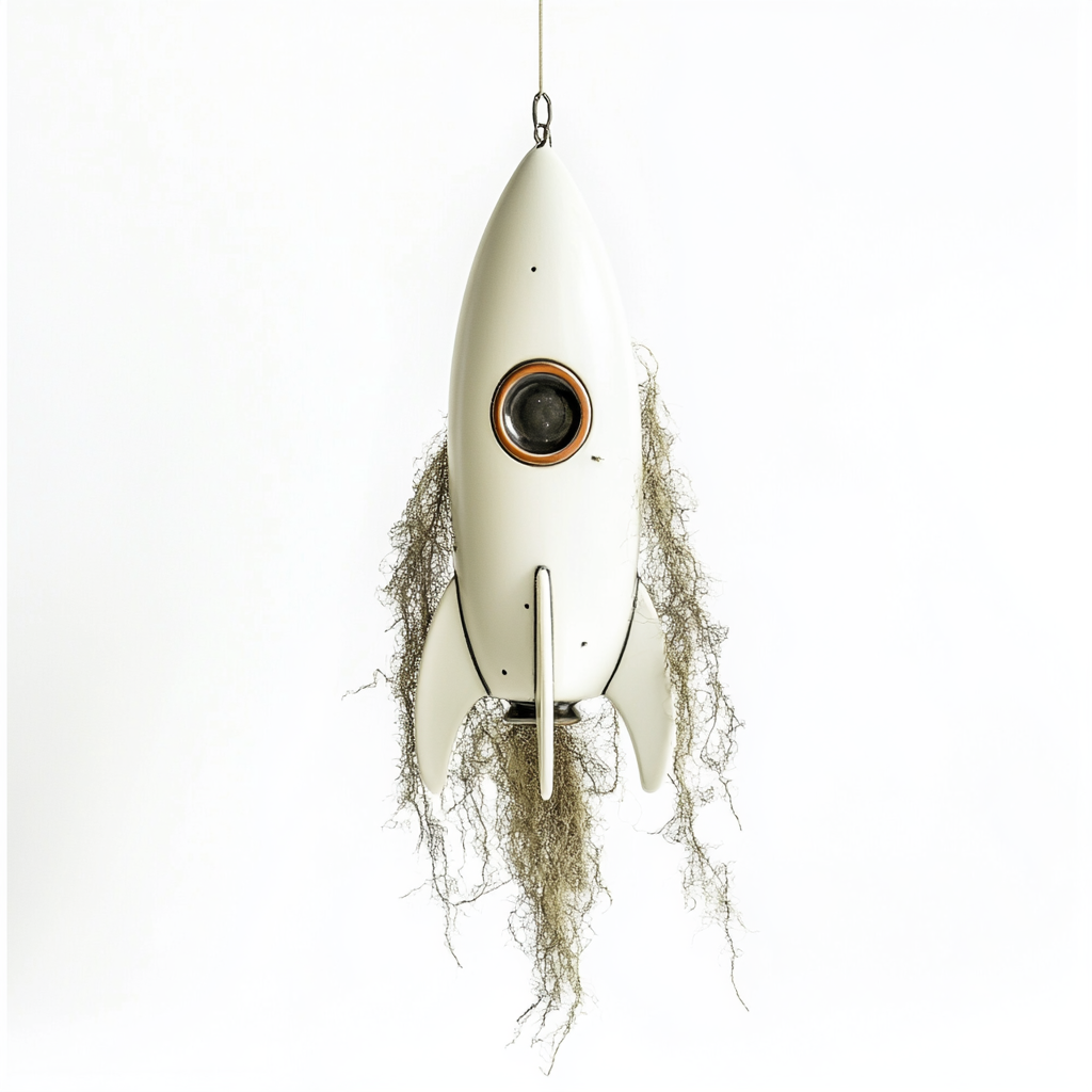 Whimsical white rocket ornament with Spanish moss hanging.