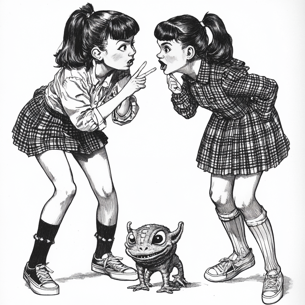 Whispering schoolgirls discover small alien, humorous pen drawing