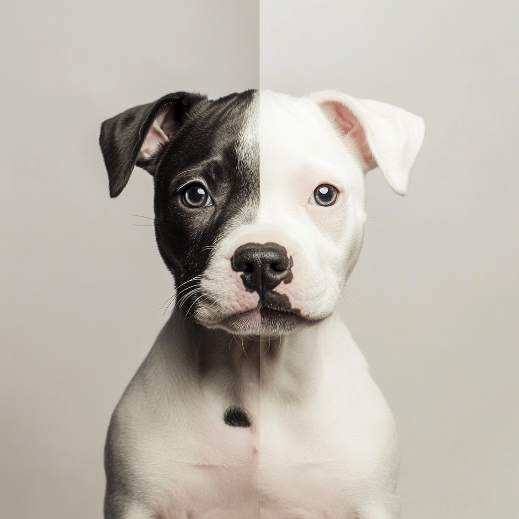 White American Staffordshire puppy with black patch sitting, looking