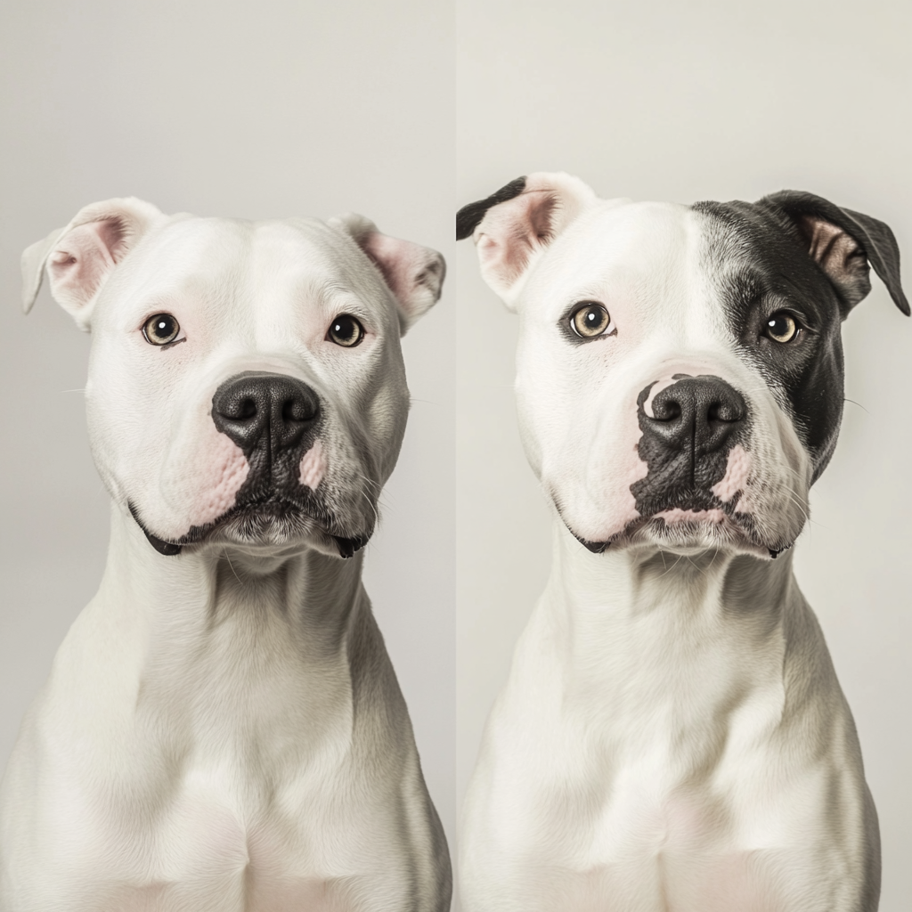 White American Staffordshire with black patch sitting, looking camera.