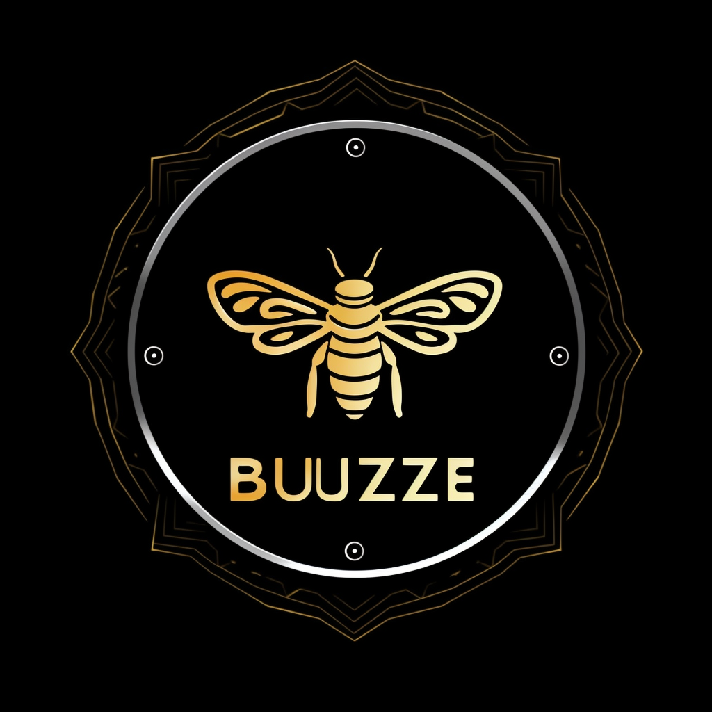 White BizzBuzz logo on black background, modern and hip.