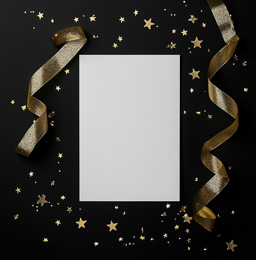 White Blank Card Mockup with Gold Ribbon