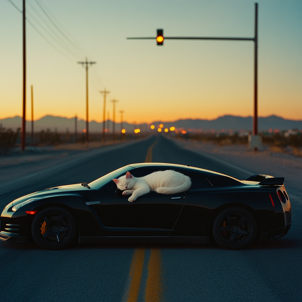 White Cat Napping on Black Nissan on Empty Road