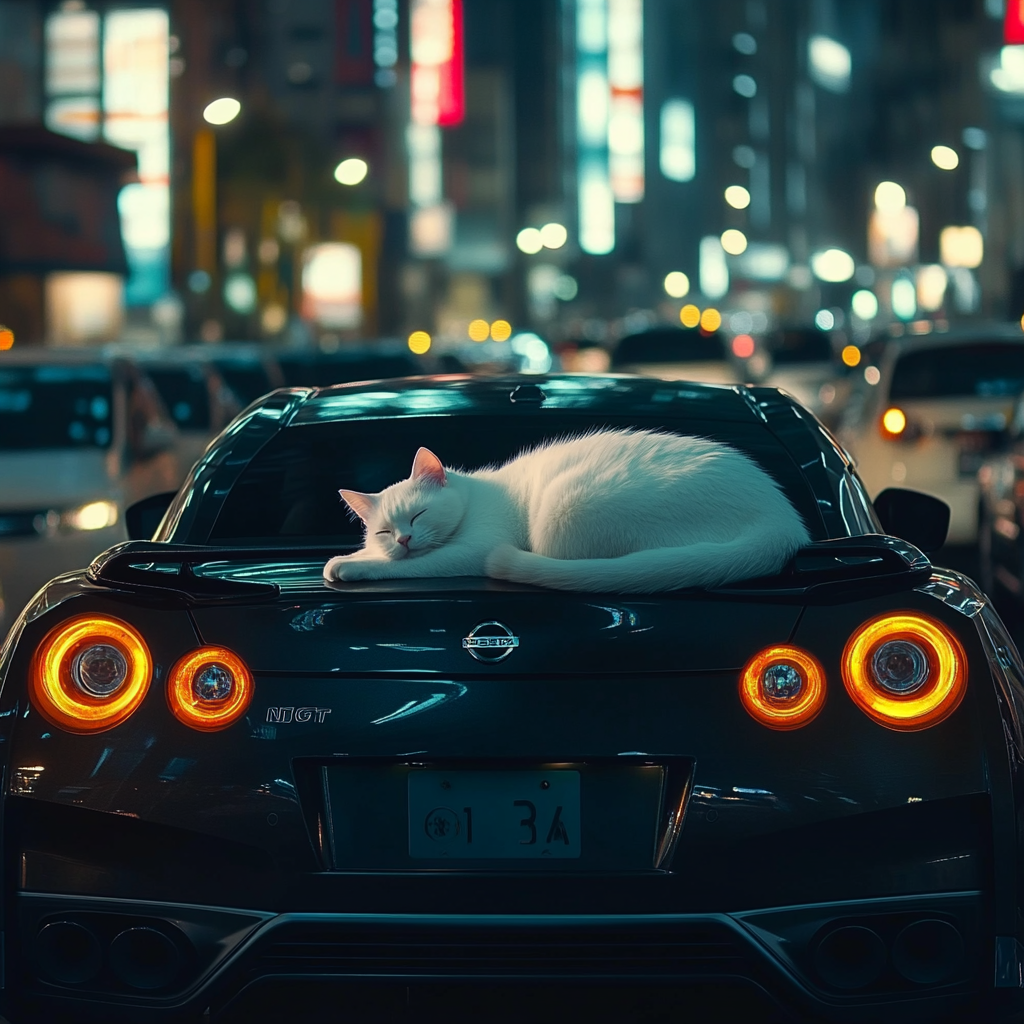 White Cat Sleeps on Black Nissan on Empty Road