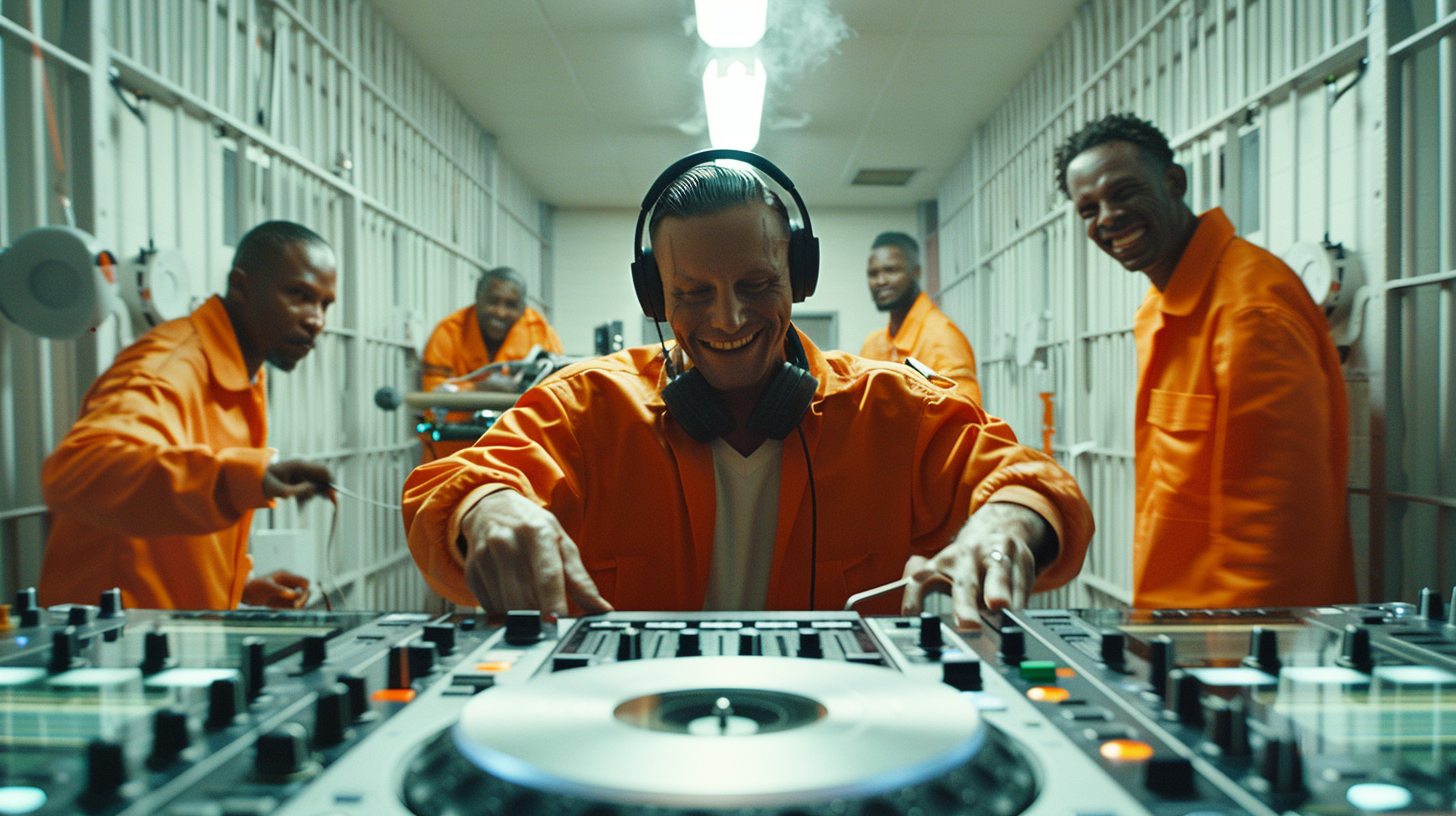 White DJ prisoner smiling using CDJ 2000 decks