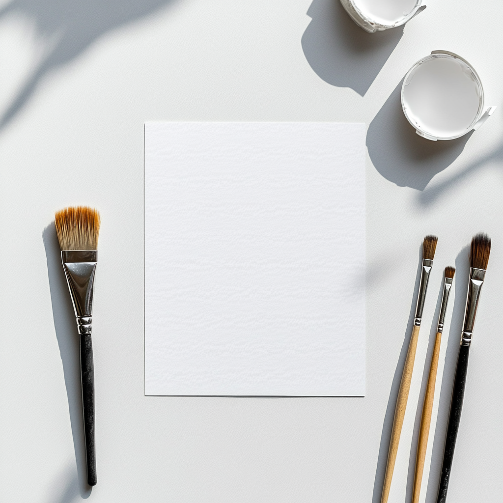 White Desk with Paper and Paintbrushes Mockup