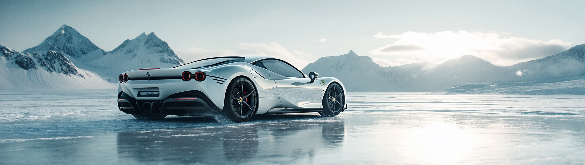 White Ferrari on ice in Antarctica, low-angle shot.