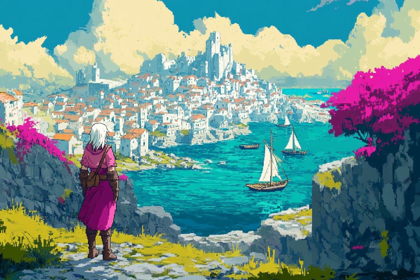 White-Haired Adventurer in Colorful Fantasy Village Game