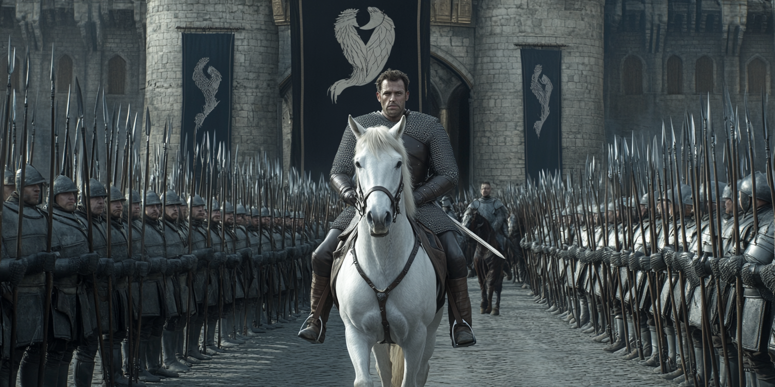 White Horse Led by Man in Armor Fantasy Cinematic Scene 