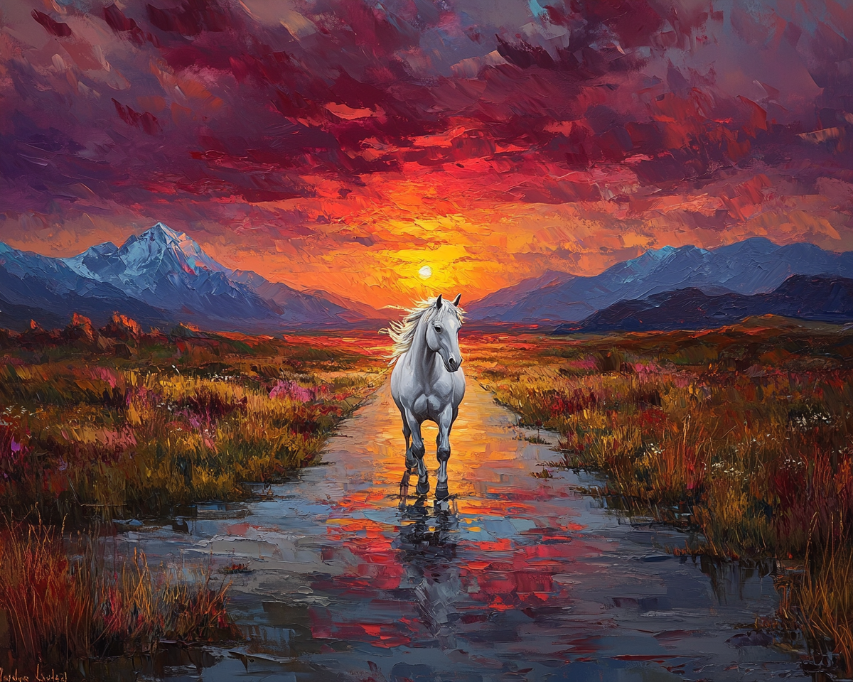 White Horses Running at Sunset Towards You