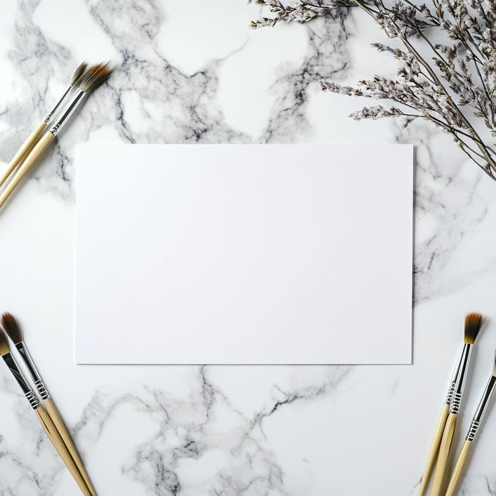 White Marble Desk with A4 Paper and Paintbrushes