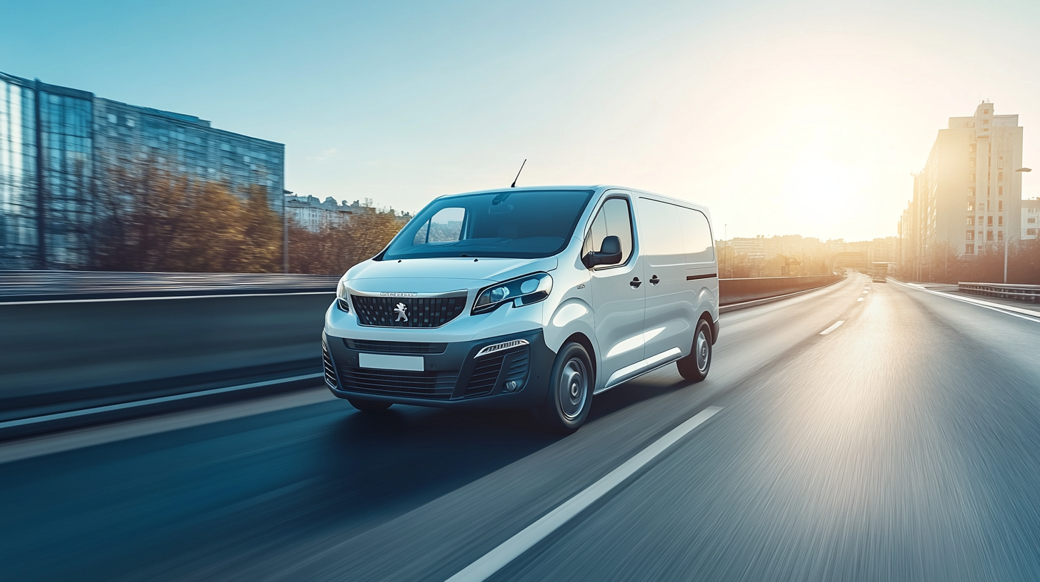 White Peugeot Expert 2023 speeding down highway. Morning, city.