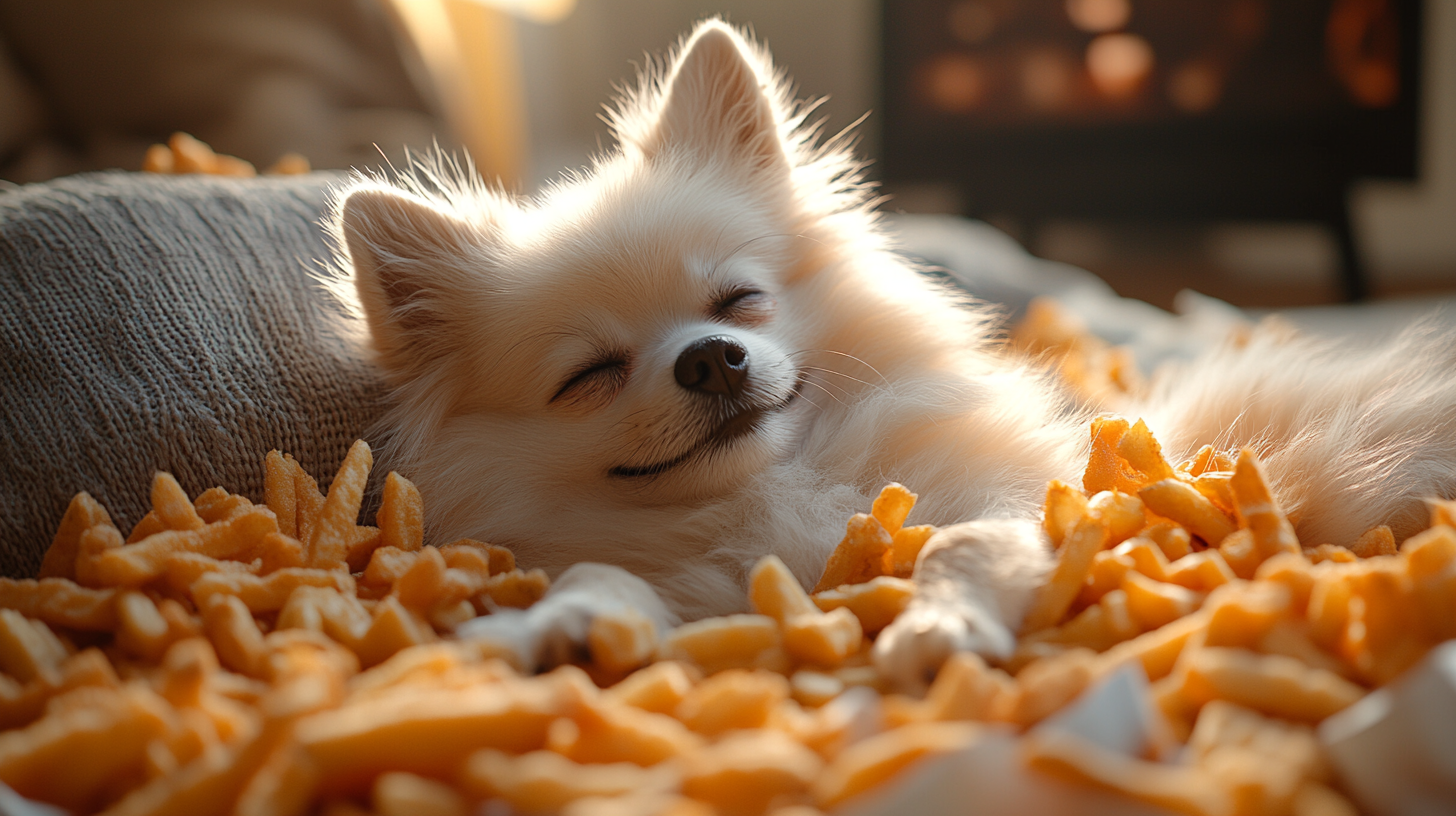 White Pomeranian, 7 years old, surrounded by McDonald's fries.