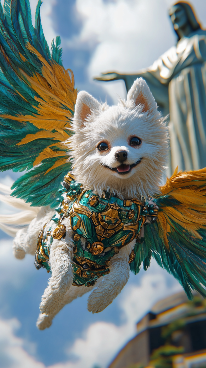 White Pomeranian Hero Soars by Christ the Redeemer