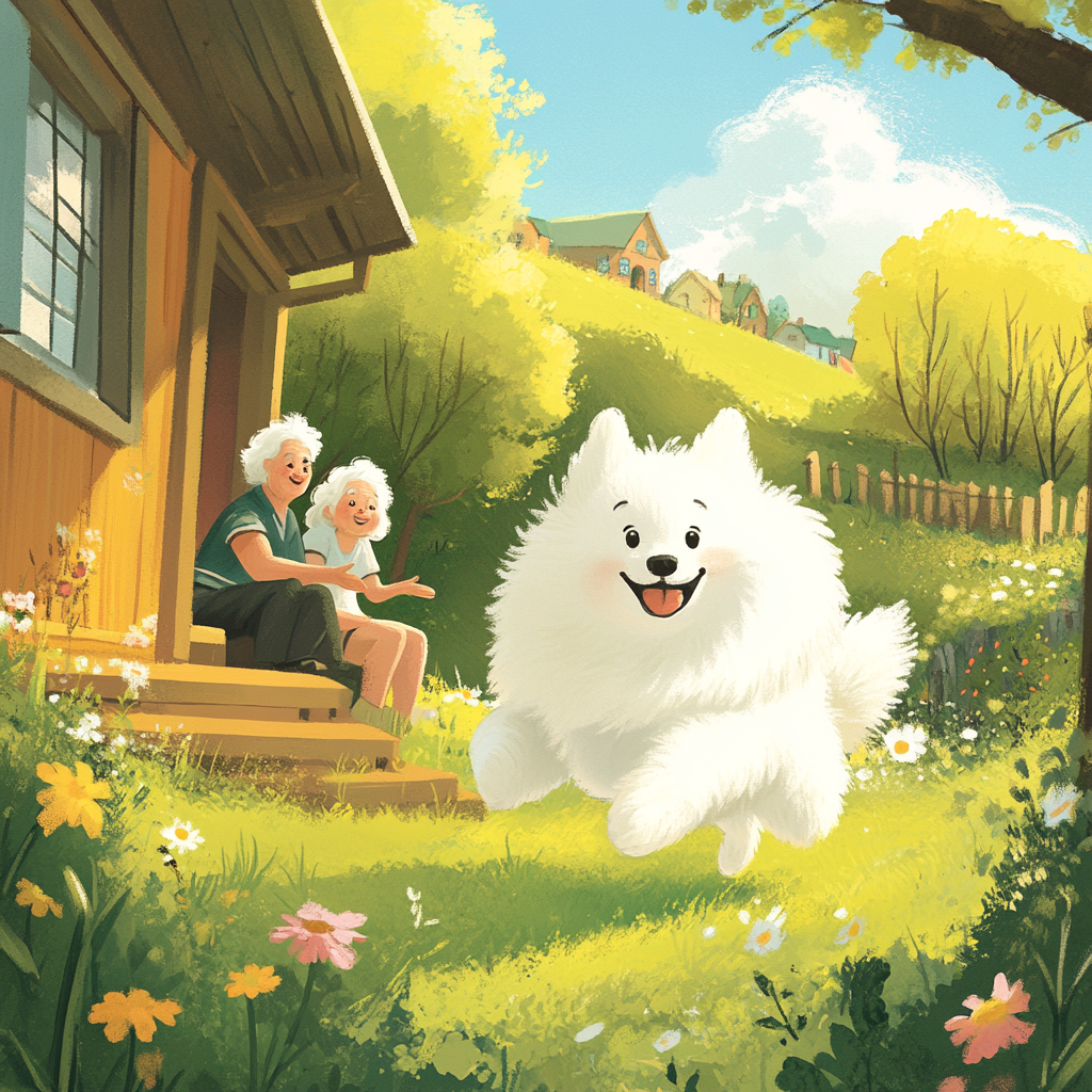 White Samoyed dog Nova playing in peaceful village scenery.