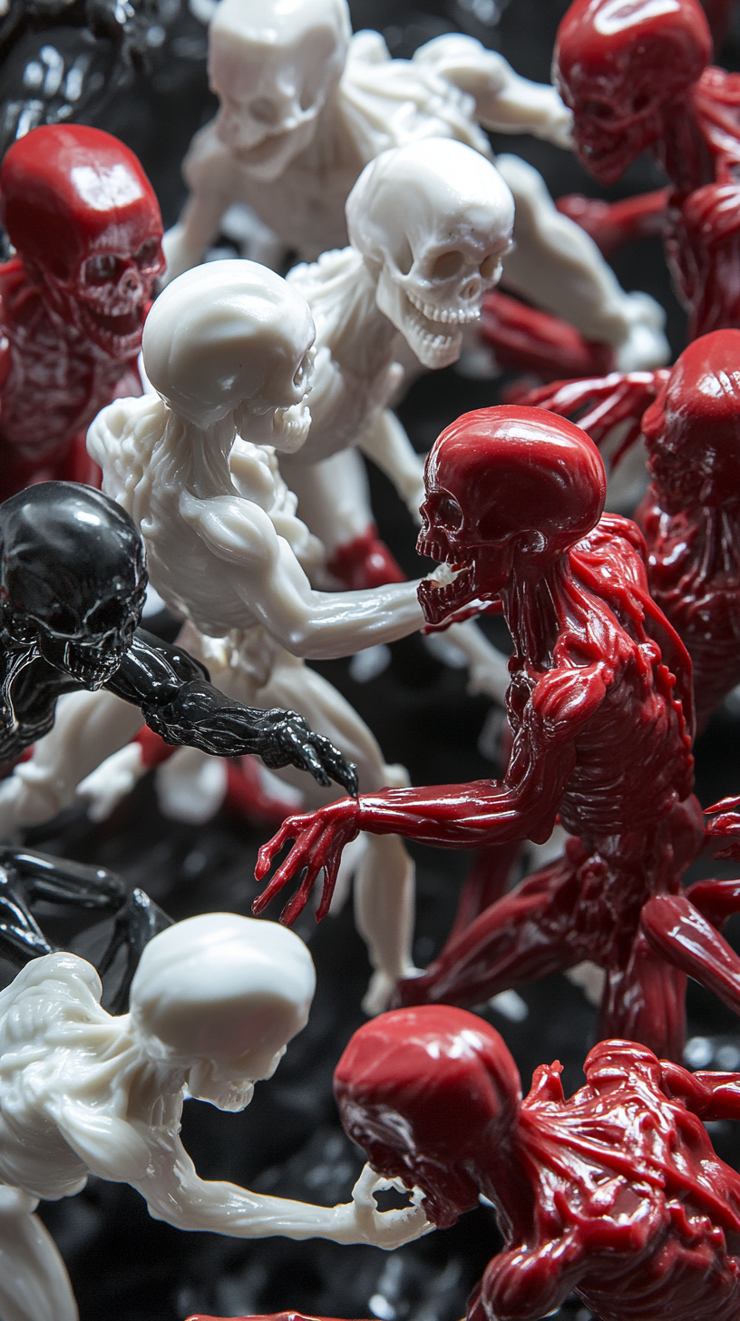 White and red figures with skull heads battle intensely.