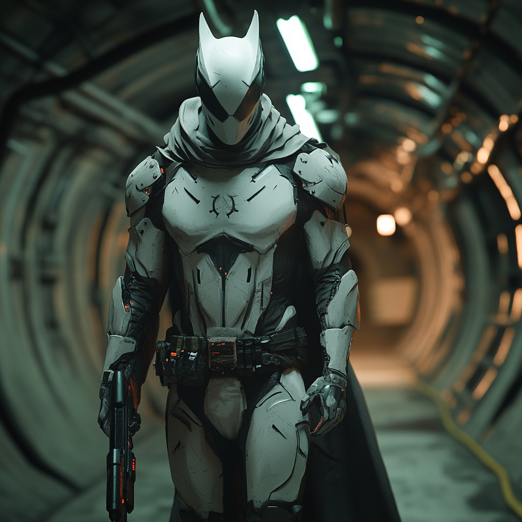 White bat humanoid holding futuristic weapon in dark tunnel.