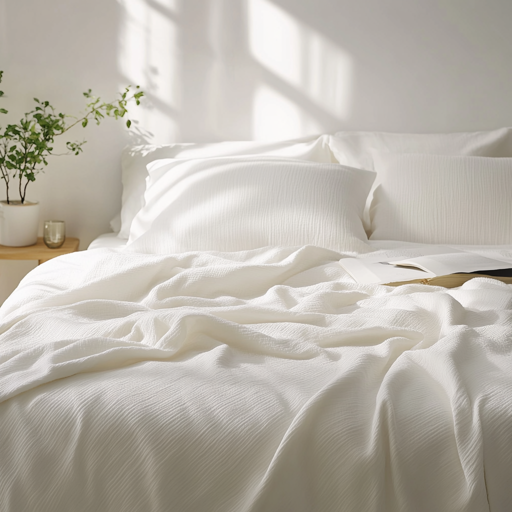 White bed blanket laid flat without wrinkles, stock image.